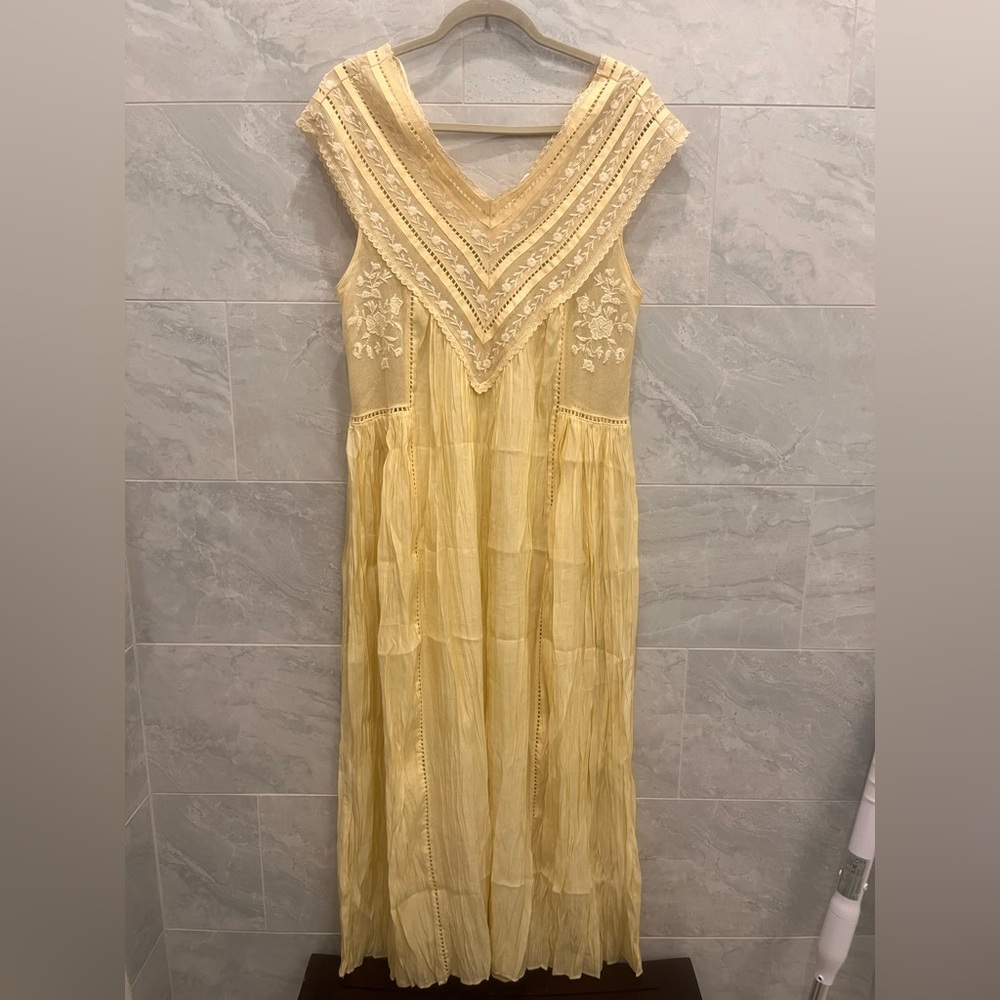 Zara Pale Yellow Maxi Dress with Lace Trim